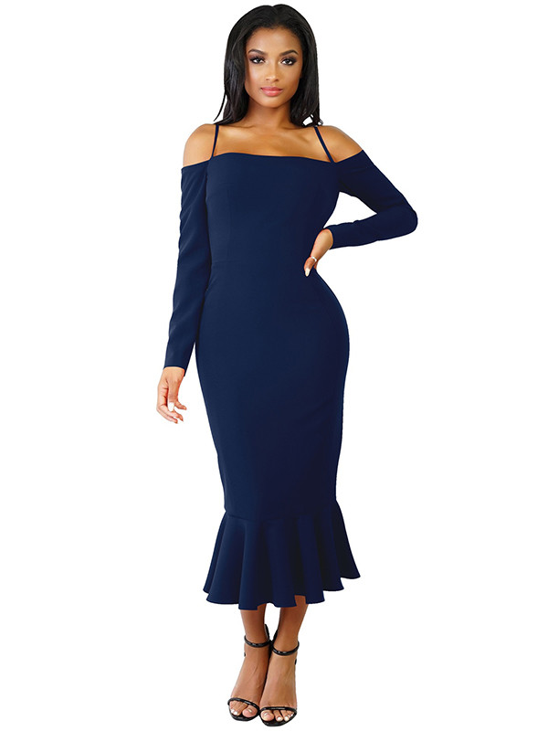 Dark Blue Trendy Falbala Design Sheath Dress 