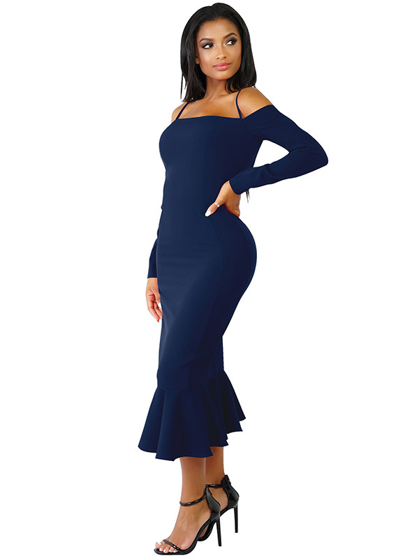 Dark Blue Trendy Falbala Design Sheath Dress 