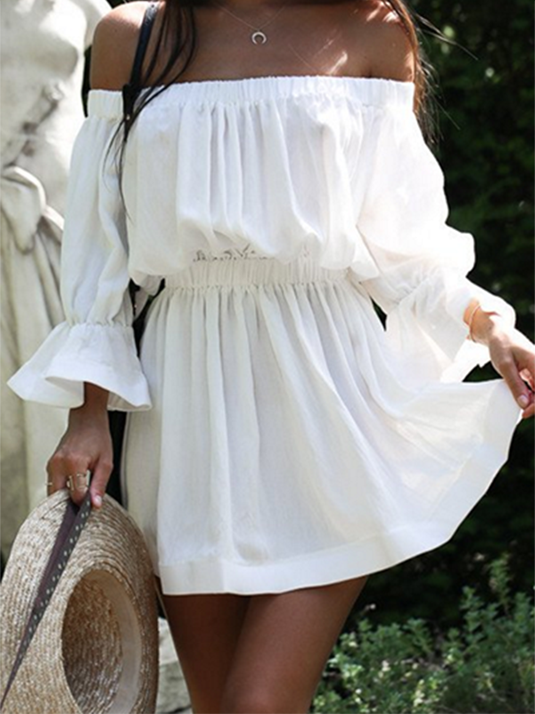 Dew Shoulder Half Sleeves White Cotton Mini Dress