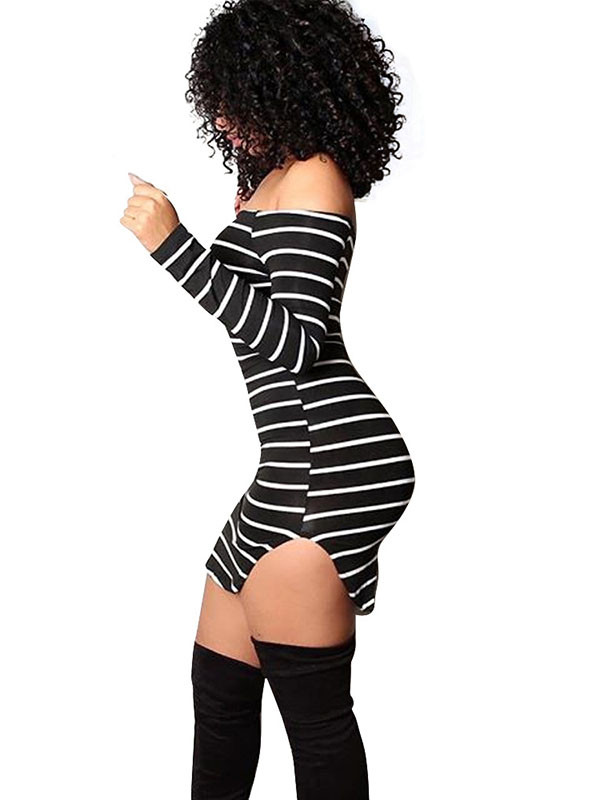 Dew Shoulder Striped Black Milk Fiber Mini Dress