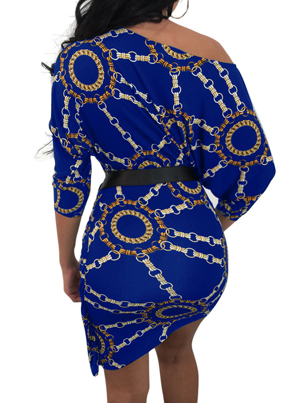 Euramerican Dew Shoulder  Printing Blue Mini Dress