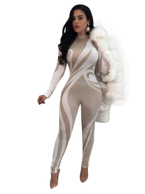 Euramerican Mandarin Collar Printed Polyester Jumpsuits