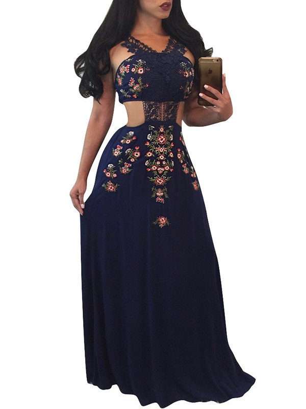 Euramerican Printed Hollow-out Navy Blue Polyester Dress 