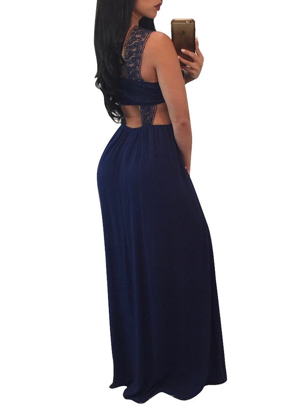 Euramerican Printed Hollow-out Navy Blue Polyester Dress 