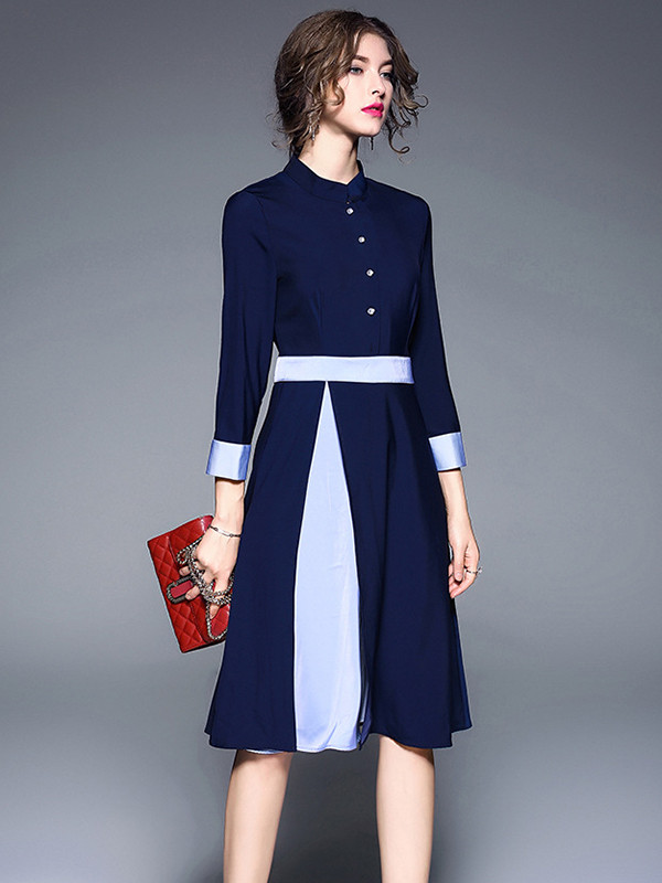 Fashion Buttoned A-line Stand Collar Midi Dress