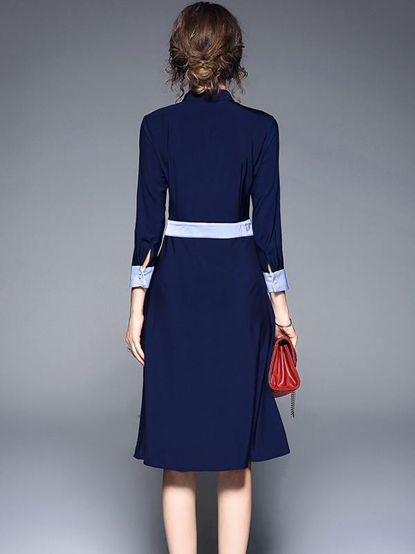 Fashion Buttoned A-line Stand Collar Midi Dress