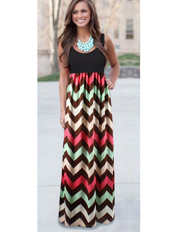 Fashion U Neck Patchwork Colorful Wavy Print Blending Bohemian Dress 