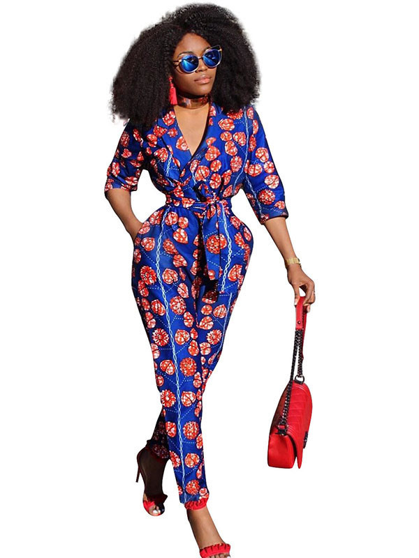 Floral Print Blue Polyester One-piece Jumpsuits