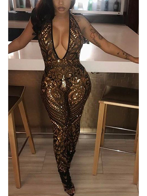 Gold Sleeveless Backless Sequined Jumpsuits