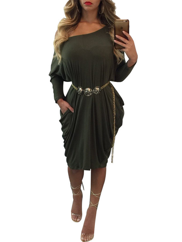 Green Dew Shoulder Polyester Drape Dress