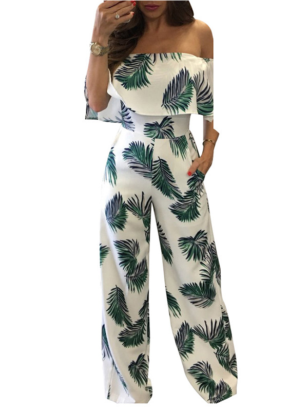 Green Dew Shoulder Print White Milk Jumpsuits