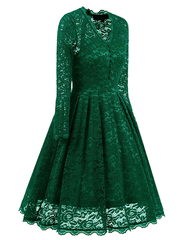 Green Fashion Lace Trim Patchwork Dress