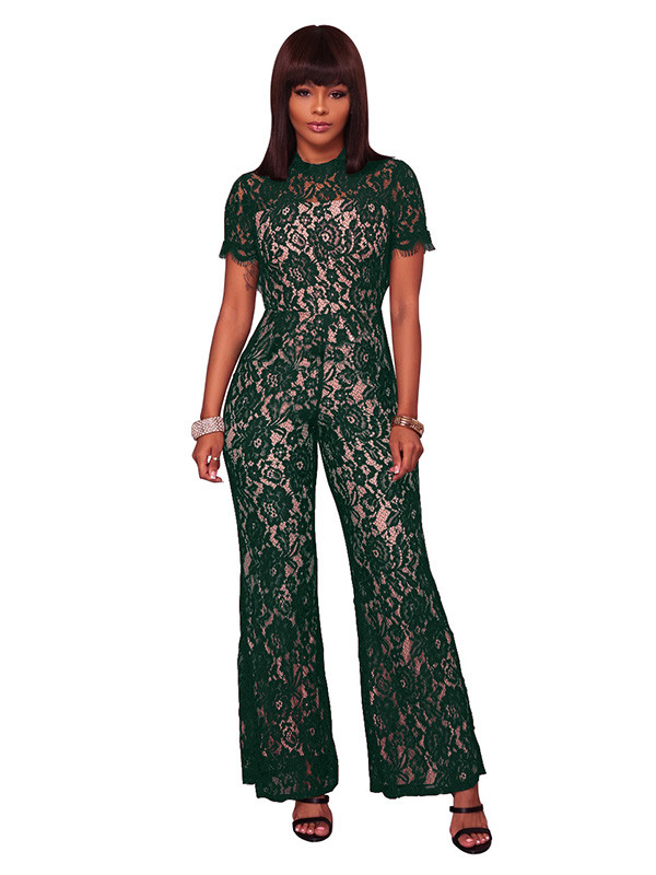 Green Hollow-out Bud Silk One-piece Jumpsuits