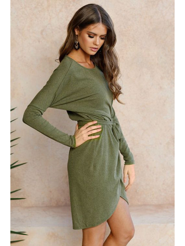 Green Long Sleeves Asymmetrical Sweater Dress 