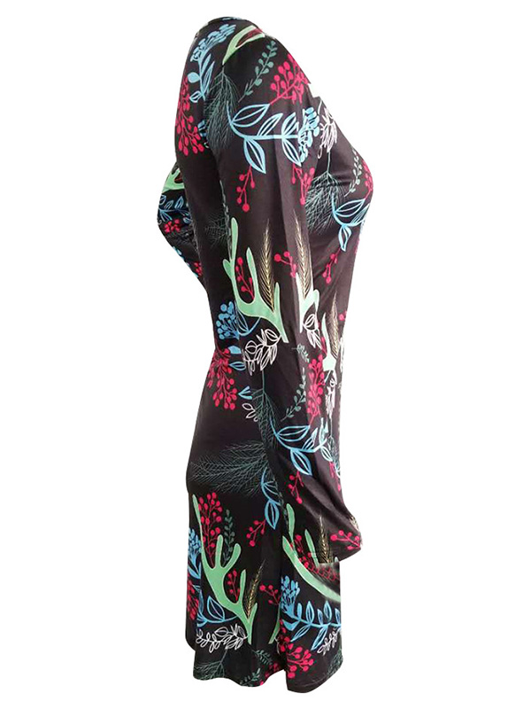 Green Round Neck Long Sleeves Polyester Printed Casual Dress