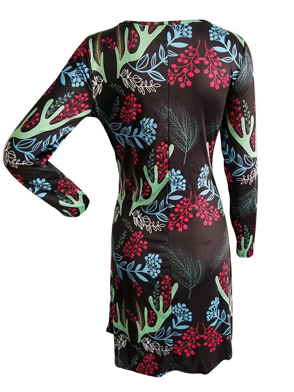 Green Round Neck Long Sleeves Polyester Printed Casual Dress