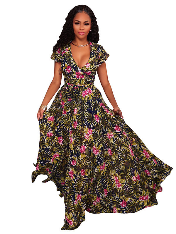 Green S-XL Floral Print Maxi Dress