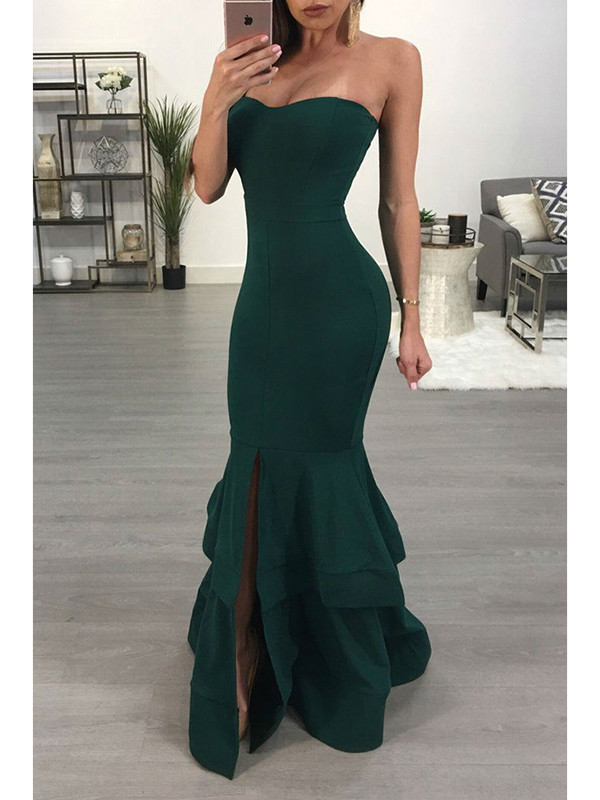 Green Sexy Dew Shoulder Falbala Maxi Dress