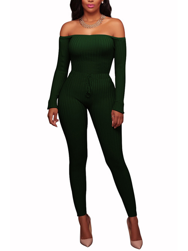 Green Stylish Dew Shoulder  One-piece Jumpsuits