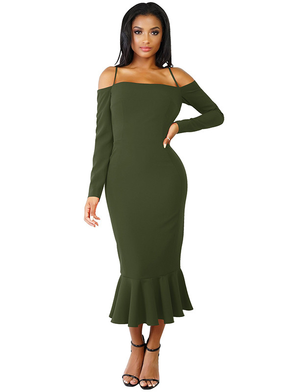 Green Trendy Falbala Design Sheath Dress 