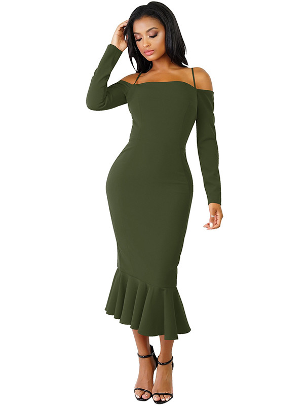 Green Trendy Falbala Design Sheath Dress 