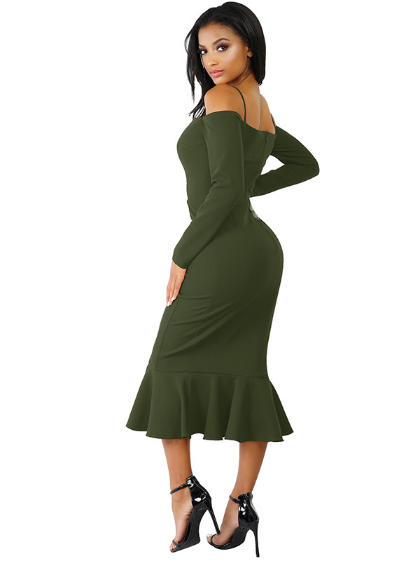 Green Trendy Falbala Design Sheath Dress 