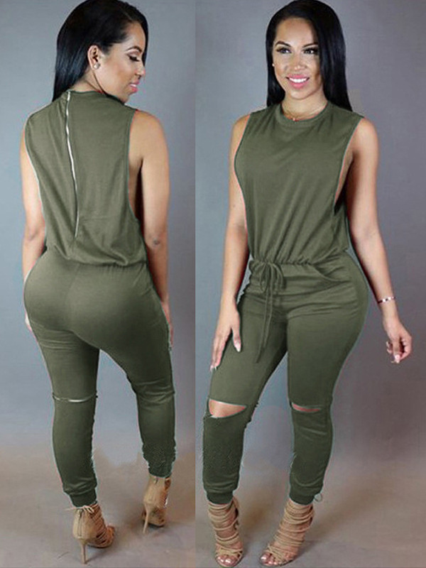 Green Trendy Tank Sleeveless Zipper Jumpsuits 
