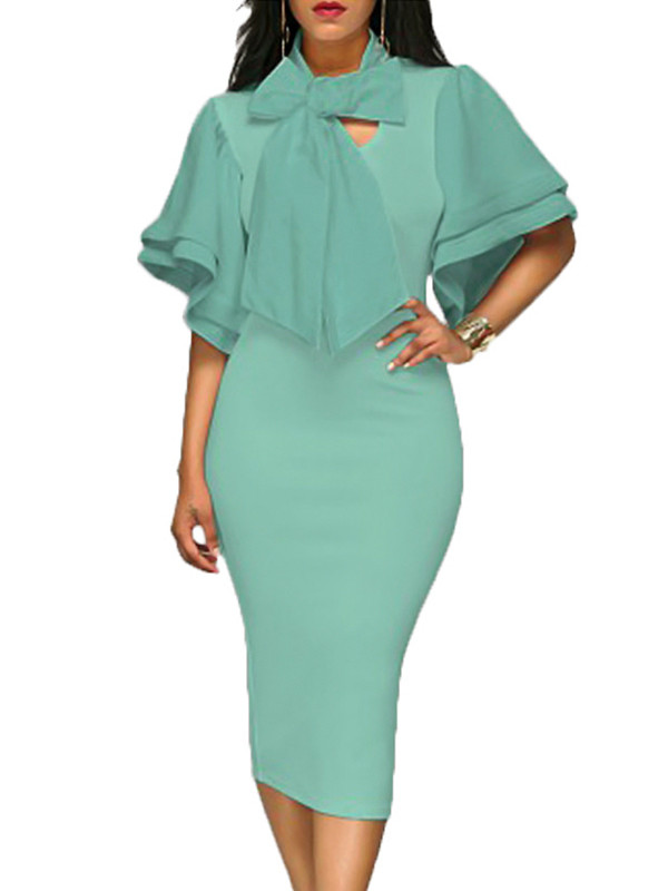 Green Trendy V Neck Half Sleeves Bow-tie Dress