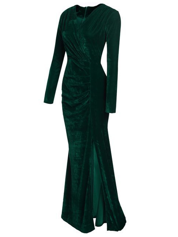 Green Trendy V Neck Velvet Fold Design Dress