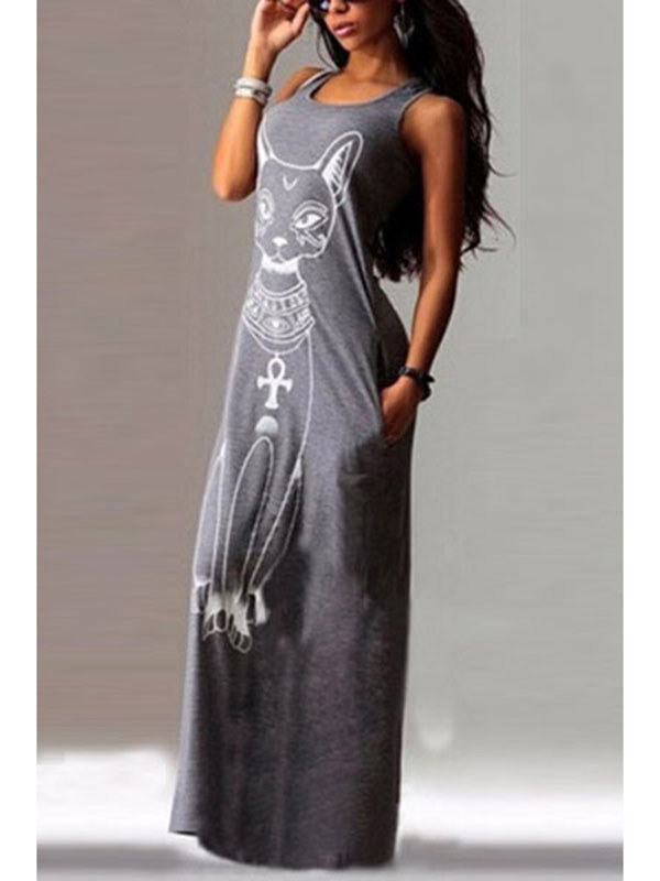 Grey Cat Print Sheath Ankle Length Casual Dress 