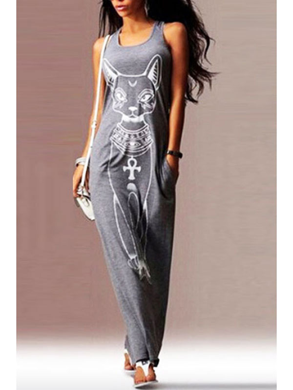 Grey Cat Print Sheath Ankle Length Casual Dress 