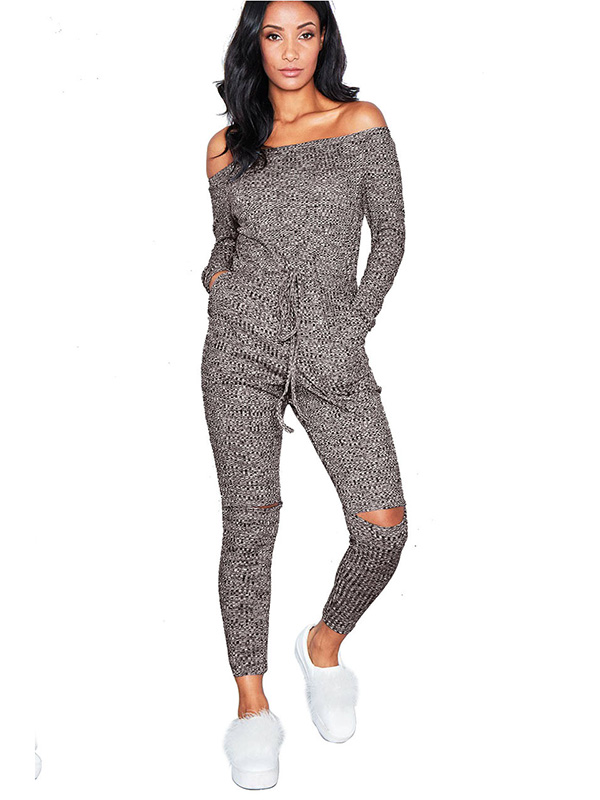 Grey Dew Shoulder Broken Holes Jumpsuits 