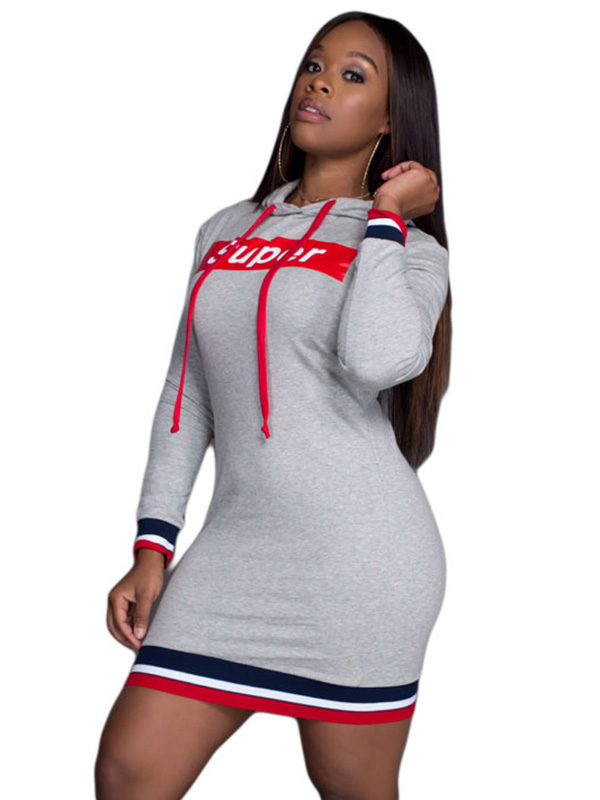 Grey Hooded Collar Letters Printed  Casual Dress