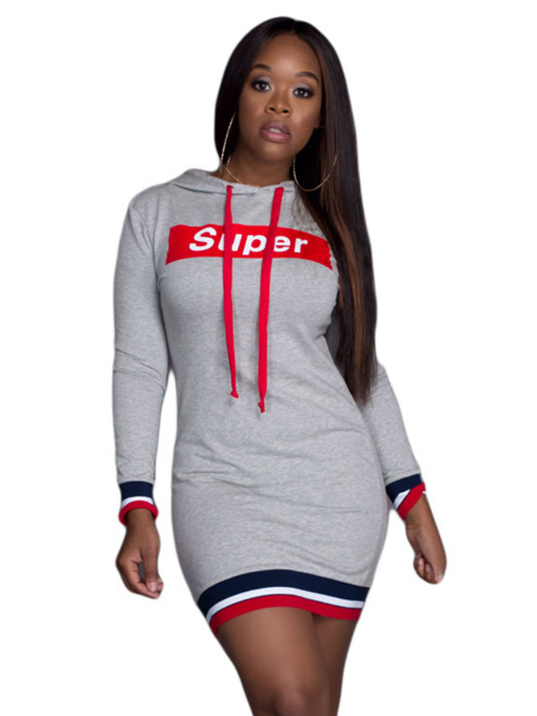 Grey Hooded Collar Letters Printed  Casual Dress