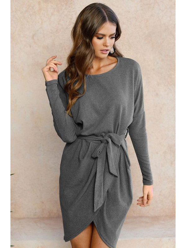 Grey Long Sleeves Asymmetrical Sweater Dress 