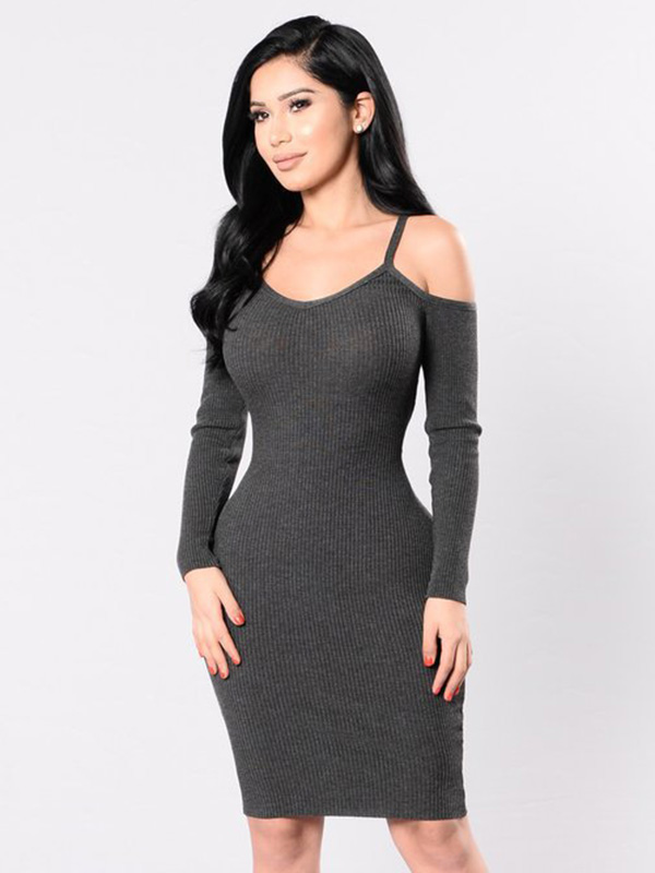 Grey S-XL Off Shoulder Bodycon Dress