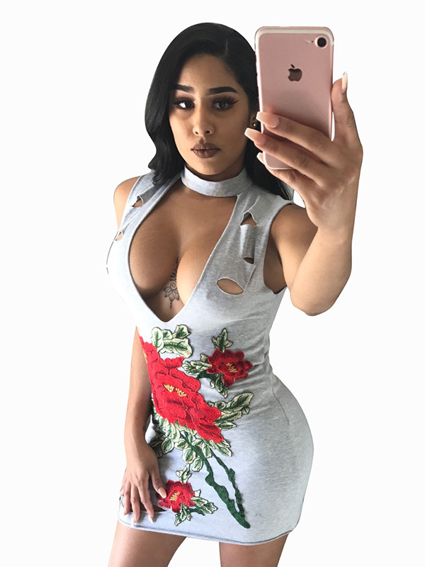 Grey Sexy Hollow-out Embroidered Mini Dress