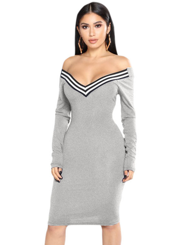 Grey Sexy V Neck Cap Sleeves Striped Midi Dress 