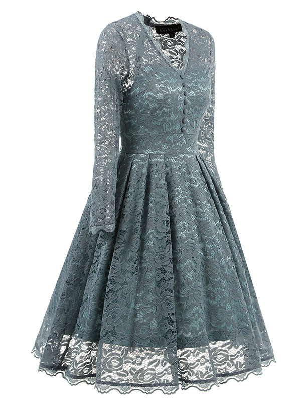 Light Blue Fashion Lace Trim Patchwork Dress