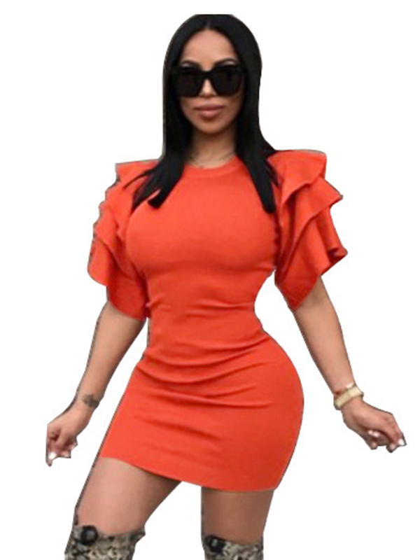 Orange S-XXL Fashion Ruffle Sleeve Bodycon Dress