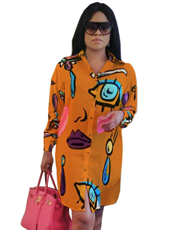 Orange Trendy Turndown Collar Printed Dress