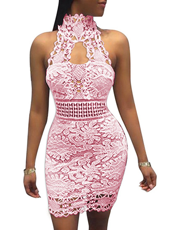 Pink Sexy Hollow-out Lace Sheath Mini Dress