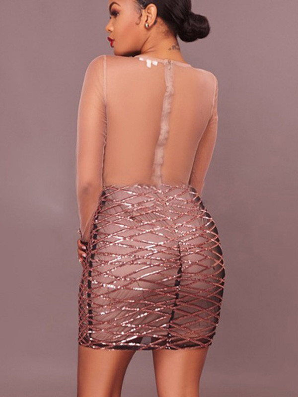 Pink Sexy Round Neck Sequined Mini Dress