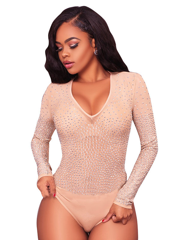 Pink Sexy V Neck Hot Drilling Decorative Bodysuit 