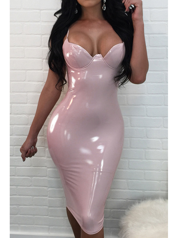 Pink V Neck Zipper Design Knee Dress