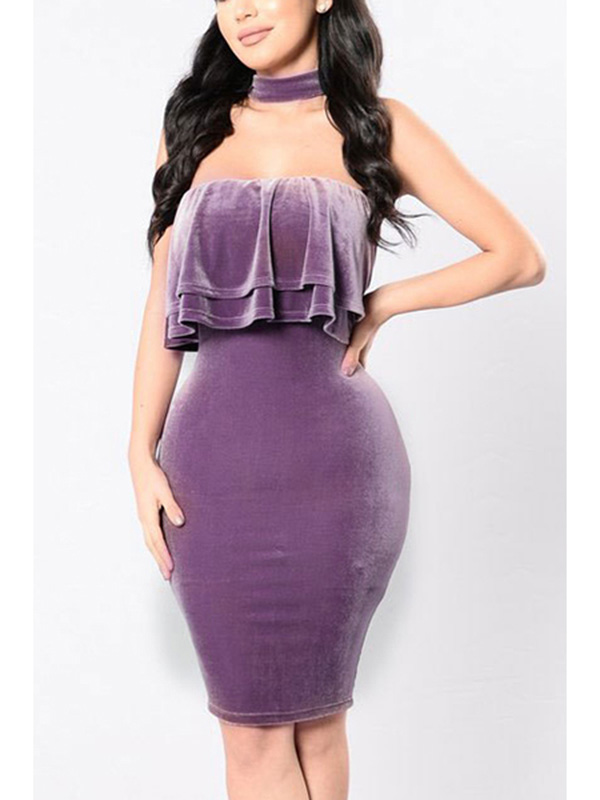 Purple Charming Halter Neck Sleeveless Flouncing Dress