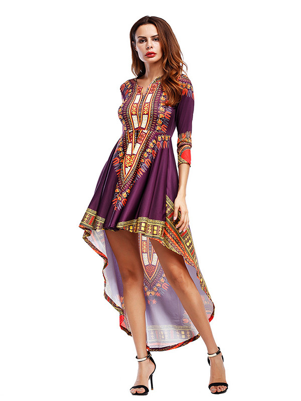 Purple Three Quarter Sleeves Printed Asymmetrical Dress