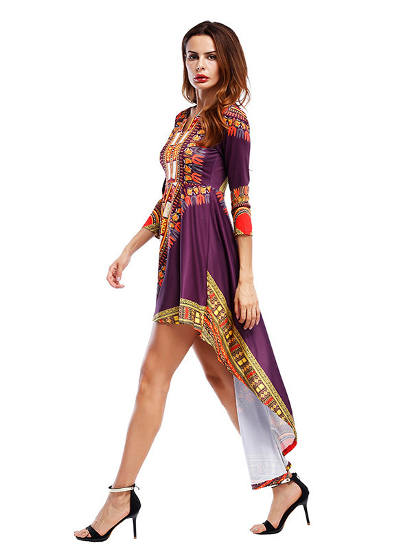 Purple Three Quarter Sleeves Printed Asymmetrical Dress