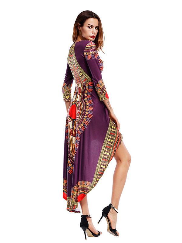 Purple Three Quarter Sleeves Printed Asymmetrical Dress