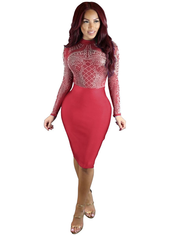 Red  Mandarin Collar Printed Patchwork Bodycon Dress
